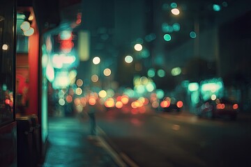 Blurry city street at night with bokeh lights, streetlights, and vehicles