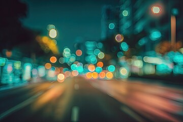Blurred city street at night with glowing bokeh lights