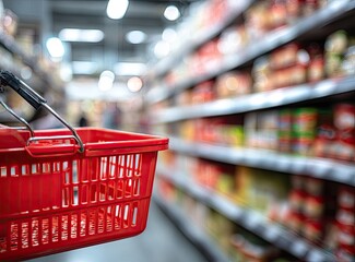 Close-up of red shopping basket in aisle of well-stocked supermarket