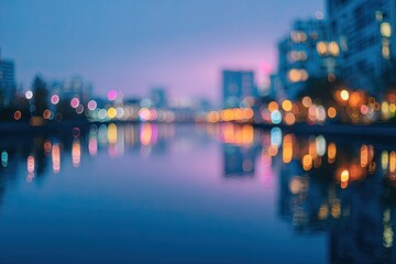 Soft focus city lights reflect on calm water at dusk