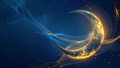 Celestial crescent moon shimmering with golden light against a dark blue, cosmic background with flowing lines of energy