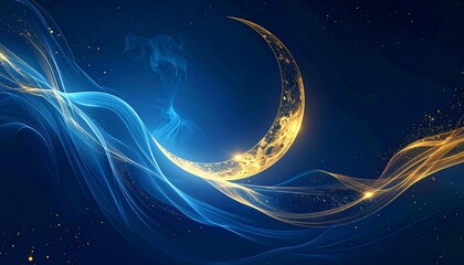 Abstract Glowing Crescent Moon Amidst Swirling Blue and Gold Energy Waves on a Dark Background
