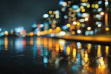 Blurry, bokeh lights of a cityscape reflected in water at night