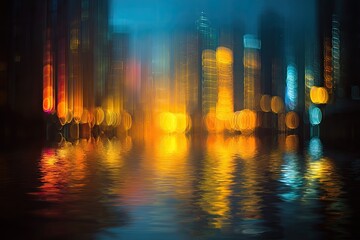 Blurry city lights reflect on rippling water in a dark, abstract scene