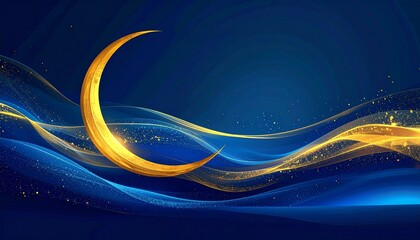 Radiant Golden Crescent Moon Adorned with Elegant Swirling Ribbons and Sparkling Dust on a Deep Blue Cosmic Background, Evoking a Sense of Serenity and Celebration