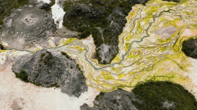 Aerial drone of boiling geotremal spring and volcanic landscape. Sipoholon Hot Spring, Sumatra, Indonesia.