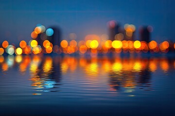 Distorted city lights reflected on a rippling blue water surface at dusk