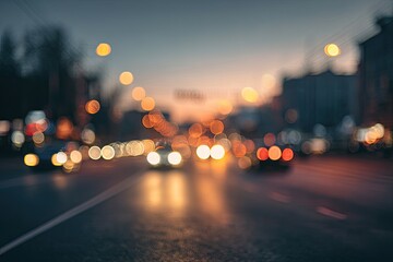 Blurry twilight street scene with glowing vehicle lights and buildings