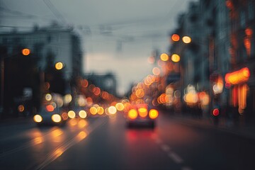 Blurry city street at dusk with glowing bokeh lights from vehicles and buildings