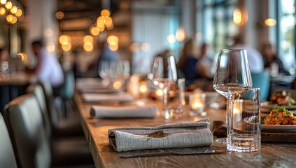 Elegantly set table in a softly lit, bustling dining establishment