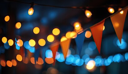 Warm string lights and colorful pennant banners create a festive, blurred nighttime atmosphere