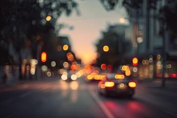 Blurred city street at dusk with glowing traffic lights and car taillights