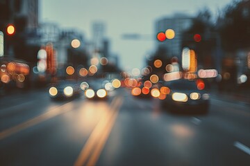 Soft focus city street at dusk with car lights creating bokeh