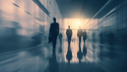 Silhouettes of people in motion walking through a modern, sunlit hallway