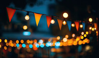 Festive string lights and pennants illuminate a blurred outdoor evening scene