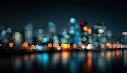 Out-of-focus night cityscape with glowing lights reflecting on dark water