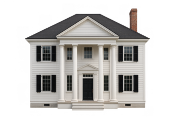 White colonial house building facade with columns and shuttered windows on transparent background, architecture and real estate concept