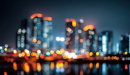 Blurry nighttime cityscape with glowing lights reflected in water