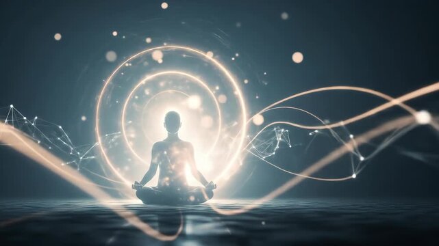 Person meditating in a glowing energy field with swirling lights and particles.