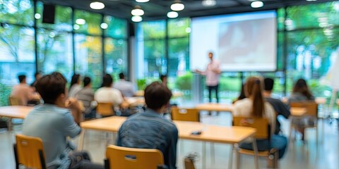 An instructor presents to a blurred audience in a modern, sunlit classroom