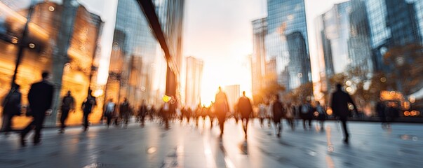 Blurry street scene with sunlit buildings and blurred people walking