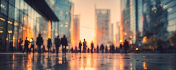 Silhouettes of people walking in a city street at sunset