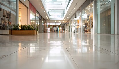 Bright, reflective floor leading down a modern, empty shopping mall corridor