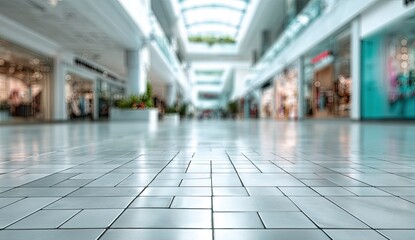 Bright, clean, empty shopping mall interior, with focus on reflective tiled floor
