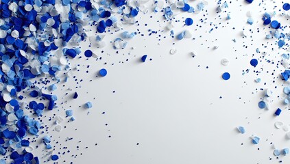 Blue and white confetti scattered across a white background