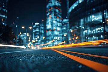 Blurred nighttime city street with glowing lights and streaking vehicle trails