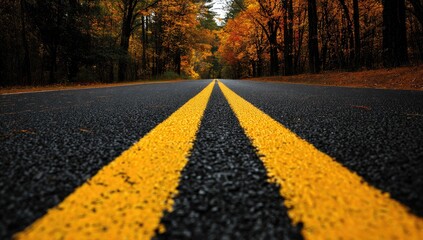 A paved road with double yellow lines stretches into autumn foliage