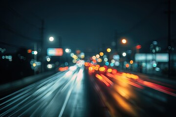 Blurred nighttime highway with streaks of light from moving vehicles