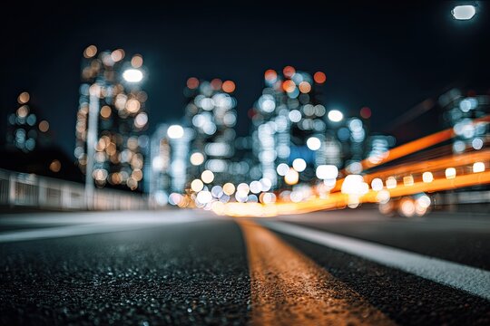 Out of focus city lights streak by on a wet road at night