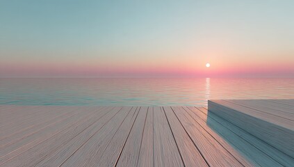 Serene wooden deck overlooking calm ocean at sunrise with soft pastel sky