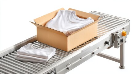 White t-shirts neatly folded and packed in a cardboard box on a conveyor belt, showcasing efficient packaging process in a textile production setting