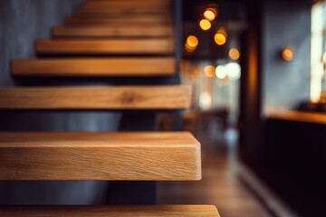 Warm wooden staircase with soft, blurred background lights