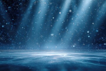 Ethereal blue particles dance in light beams above a shimmering, watery surface