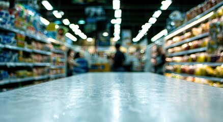 Blurred supermarket aisle with brightly lit shelves and a prominent foreground table