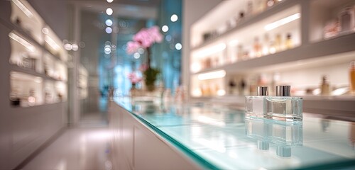 Elegant display of perfume bottles on a luminous counter in a boutique