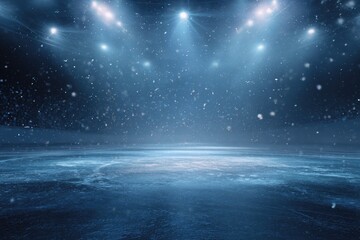 A brightly lit, frozen arena with falling snow and glowing spotlights