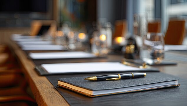 Executive meeting space with pen and paper on polished table