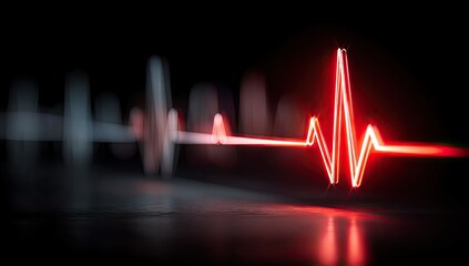 Vivid red heartbeat line pulses on a dark, reflective surface with bokeh