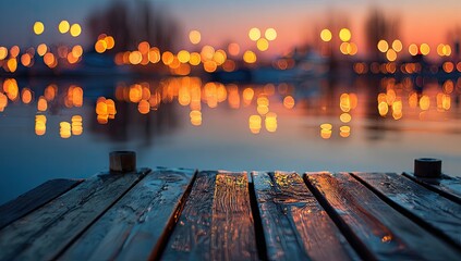 Wet wooden dock reflecting blurred city lights at twilight