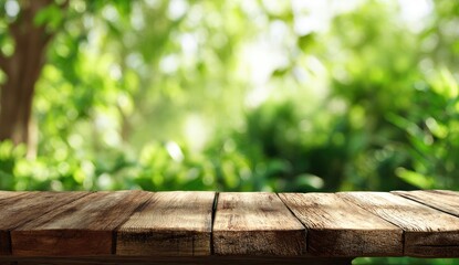 Rustic wooden table in sun-dappled green forest blur