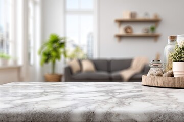 Marble countertop displays decorative items with blurred living room background