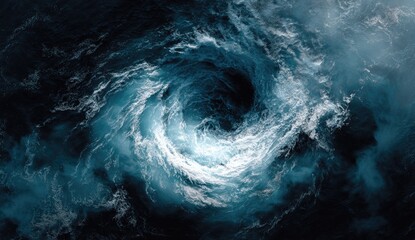 A powerful swirling vortex of deep blue ocean water, turbulent and dynamic