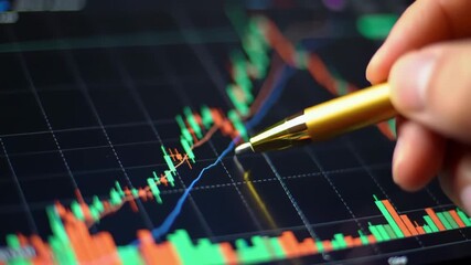 Detailed view of a hand holding a gold pen, analyzing stock market data on a screen, featuring candlestick charts and grid lines. - Powered by Adobe