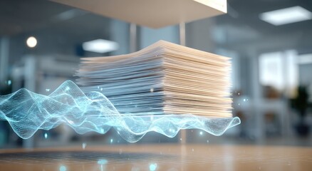 Stack of documents levitating on glowing waves in a modern office