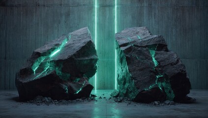 Two fractured rocks glowing with internal green light in a stark, modern space