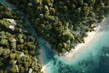 Aerial view of a lush tropical island with a river meeting the turquoise ocean